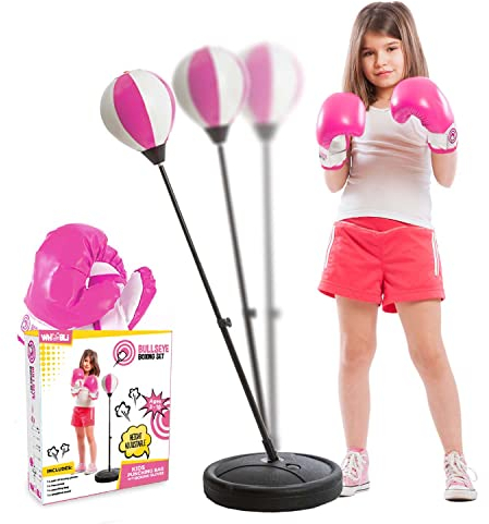 whoobli Boxsack für Kinder inkl. Boxhandschuhe | 3–10 Jahre alt, Verstellbarer Kinder-Boxsack mit Ständer | Boxsack-Set Spielzeug für Jungen und Mädchen (Weiß Rosa); Neu 2023