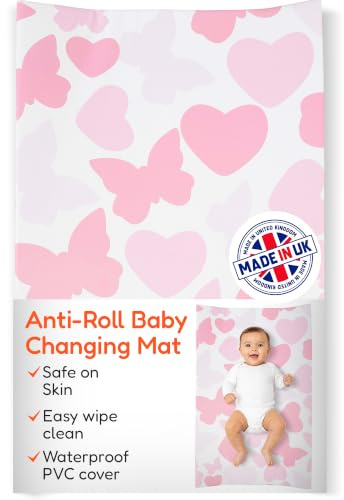 Babycurls Deluxe Anti-Roll PVC Wedge Nappy Baby Changing Mat with Curved Sides and Raised Edges for Babies from Birth Upwards Wipe Clean and Waterproof 69 x 45 x 8cm (Butterflies Hearts)