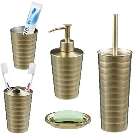 Relaxdays Accessoires de Salle de Bain, 5 pièces, en INOX brossé et Plastique, Design Moderne et harmonieux, doré