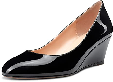 Aachcol Femmes Compensé Talon Escarpins Mi Talon Heel Rond Bout Slip-on Chaussures Mariage Bureau Party 5 CM Noir Vernis 40 EU