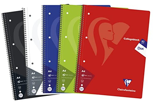 Clairefontaine 307253C - 5-pack skolböcker, DIN A4 21 x 29,7 cm, 160 sidor, 90 g, prick/prickad, diverse färger, 1 förpackning
