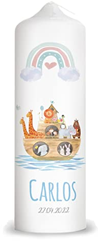 GRAVURZEILE Bedruckte Kerze - Taufkerze Arche Regenbogen - brilliant bedruckte Kerze zur Taufe - Personalisiertes Taufgeschenk für Mädchen & Jungen - Hochwertige Stumpenkerze 250/80 mm - Farbe: Blau