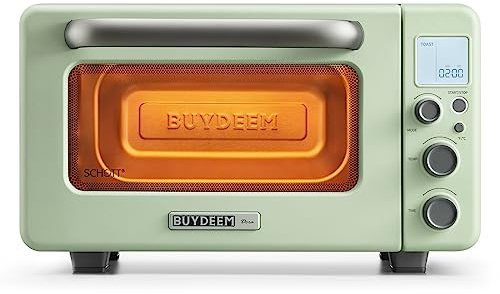 BUYDEEM T103 Countertop Toaster Oven 12QT, No Pre-Heat Needed, 7 Cooking Modes, Retro Mini Toaster Oven with Grill Rack and Baking Tray, Cozy Greenish