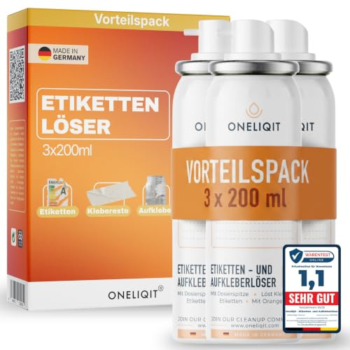 ONELIQIT® Etikettenentferner, Etikettenlöser, Klebereste Entferner mit Orangenöl 3x 200ml für das einfache Entfernen von Etiketten, Aufklebern, Vignetten & Klebstoffen