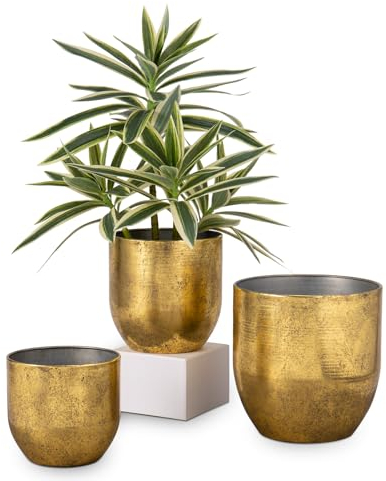 3er Set Blumentöpfe aus verzinktem Stahl perfekt für Moderne Dekoration und Pflanztöpfe, Dekorativen Zink Töpfen drinnen und draußen,16.5cm/13.5cm/12cm, Metallgold