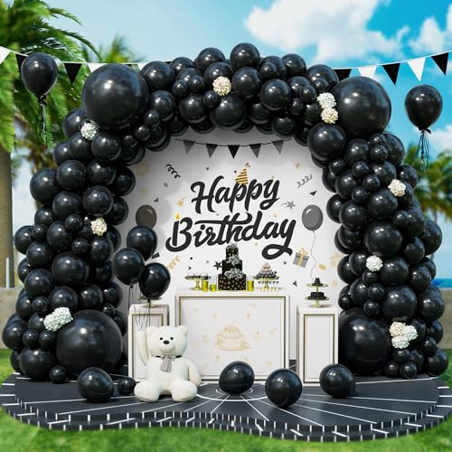 Globos Negros, 143 Piezas Diferente Tamaño Guirnalda de Globos Negro Mate con Cinta De Globo para Niñas Mujeres Fiesta de Cumpleaños Decoraciones de Graduación Boda Halloween Nochevieja Aniversario