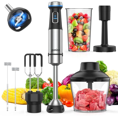 Ganiza Immersion Blender Handheld, 6 in 1 Hand Blender Stainless Steel Blade, 15 Speed Stick Blenders Electric, 800ml Mixing Beaker, 600ml Chopper, Whisk, Frother, Potato Masher