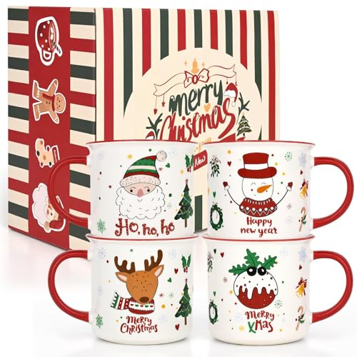 Joymaking Set de 4 Tazas de Navidad, Taza de Café con Diseño Festivo, Alegre Taza Navideña con Papá Noel, Muñeco de Nieve, Reno, Taza para Cacao Caliente, Regalos para Familia y Amigos 370ml