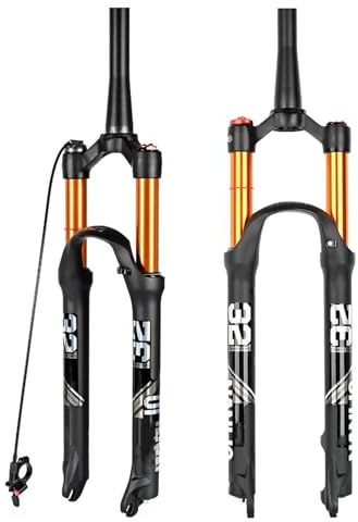 BaiWon 26/27,5/29 MTB-gaffel med stöttning, aluminiumlegering, stötdämpare 120 mm, 28,6 mm rak rör/konisk, manuell/fjärrstyrd låsning, 9 mm QR XC-mountainbike framgaffel (29, konisk fjärrlåsning)