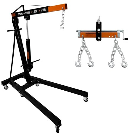 Motorkran 2 Tonnen & Lastnivellierer I 900 kg Balancer-Stützbalken I Doppelhaken Kette I Hydraulikpumpengriff I Klappbeine I Hubwagenständer I Tragbare Werkstatt Garage I 4 JIB-Positionen Automotive