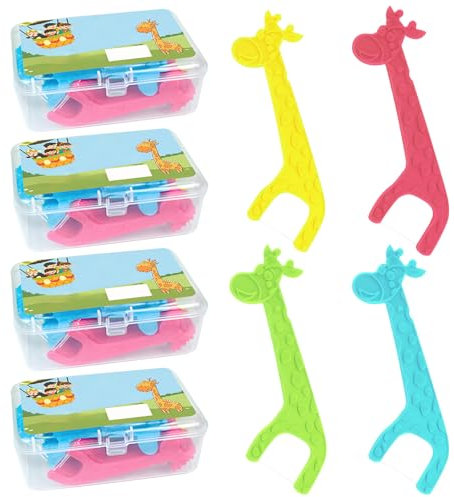 HENGBIRD 160 Stück Zahnseide Kinder Zahnseide Sticks Dental Floss für Engen Zahnzwischenräume Handgriff ist eine Giraffe in 4 Farben Ungewachst Zahnseide Rutschfest 4er Pack 40 Stück pro Karton
