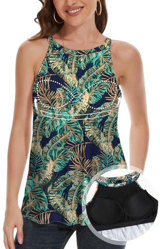 ANYFITTING Camiseta de Verano para Mujer con Sujetador Integrado, Camiseta Sin Mangas con Cuello Halter, Camisetas Sin Mangas, Blusa Tipo Camisola para Mujer Hojas en Azul XXL