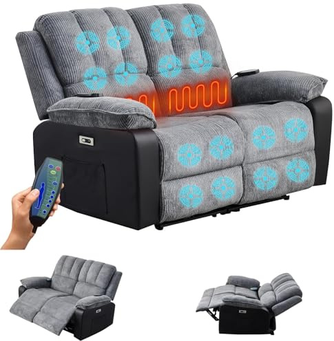 LSBIKE Recliner Sofa Set - Jumbo Cord Fabric 3 Seater & 2 Seater with Massage & Heat USB Ports, Dual Side Pockets, Armchair for Living Room