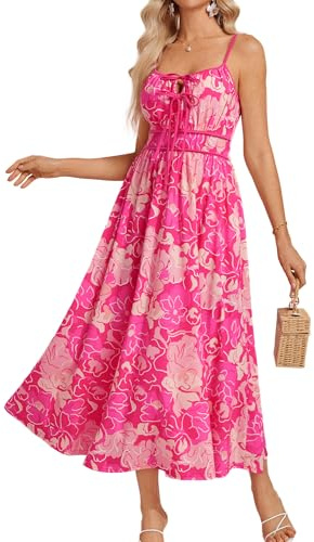 GRACE KARIN Vestido casual de verano para mujer, línea A, cuello en V, vestido largo de flores, sin mangas, Strappy Floral Bohemio, vestido de espagueti, con correa de espagueti, vestido largo de
