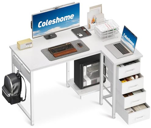 Coleshome Computer Desk with Drawers, 100x70 cm Corner Desk for Home Office, Reversible L Shaped Office Desks White