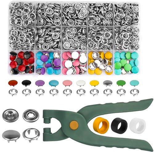 rietegio Snap Button Fastener Kit 250 Sets Poppers Fasteners with Pliers No Sewing Studs Snap Fasteners Hollow and Solid for DIY Clothes Leather Jeans Bags (10 Colors)