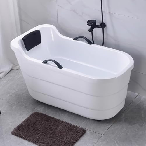 PA-DABAOO Freestanding Acrylic Bathtub, Modern Design Soaking Tub with Handrails And Headrest, Japanese Style Small Spa Bath with Adjustable Feet, Suitable for Small Family,1.1M/3.6ft