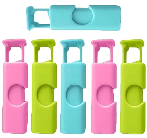 UEKPDM Food Bag Clips, 6 Pack Press-Lock Sealing, ABS, 6cm | Stainless Steel Spring, 0.8cm Jaw for Thin Bags, One-Hand Press, Turquoise, Rose & Lime Green, 2 of Each, Airtight Seal