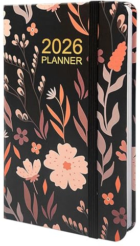 FUGLUS J6806 Agenda settimanale 2026, formato A6, nera, copertina rigida in carta kraft, elastico, portapenne, 80 pagine, vegana, può essere utilizzata come calendario, pianificatore di impegni