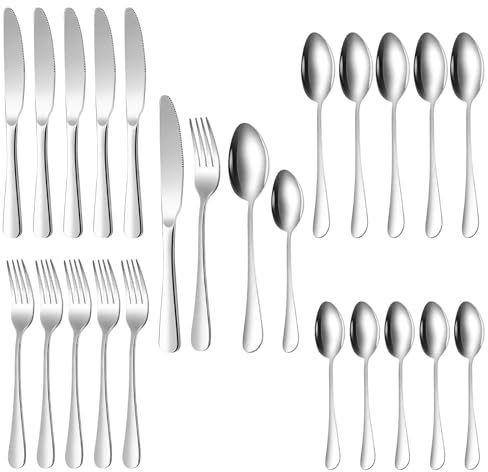 Bestickset, PORFOYO 24-delars besticksats i rostfritt stål, matbestick-set, högglanspolerade monobloc-kniv med kniv, gaffel, sked för hus/restaurang/utomhus, diskmaskinssäkert (Silver)