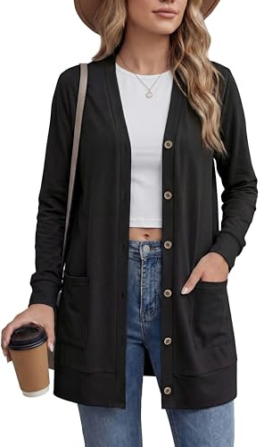 GRECERELLE Cardigan för kvinnor, lättvikt, långärmad, button-down-v-ringad, pojkvän, vardaglig, vår, sommar, cardigan med fickor, strandtäckning, toppar