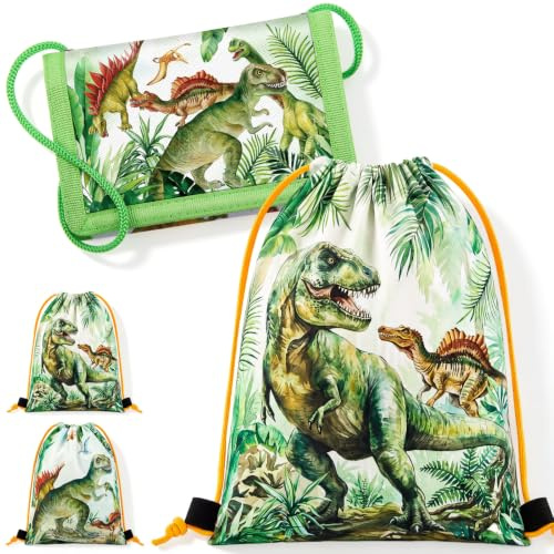 Hestya Riñonera Infantil Bolsa de Deporte Infantil Conjunto Cartera Plegable Triple Bolsa Deportiva Cartera Cruzada para Niños y Niñas Regalo de Vuelta al Cole Navidad(Verde,Dinosaurios)