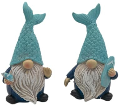 Logbuch-Verlag Set di 2 gnomi marittimi con coda di pesce, cappello, 5,5 x 4,5 x 10,5 cm, in poliresina, blu e bianco, decorazione marittima, decorazione da tavolo, bagno, casa in spiaggia, regalo
