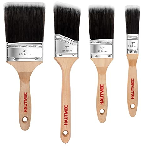 HAUTMEC 4-Pack Paint Brushes Decorating Set for Acrylic Painting, Walls, Trim, Cabinets, Furniture - Professional Flat & Angled Nylon/Polyester Brushes, Streak-Free Finish HT0029