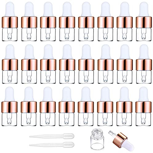 Yalbdopo 24Pcs, 1Ml Clear Glass Sample Dropper Bottles, Empty Mini Bottles with Dropper Pipettes Rose Gold Aluminum Alloy Cap Refillable Sample Container for Essential Oil Perfume Cosmetic Liquid