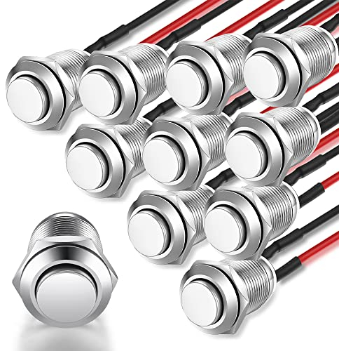 Gebildet 10pcs 12mm 2A 12V/24V/125V/250V Pulsador a Prueba de Agua Botón de Acero Inoxidable Momentáneo Encendido Apagado con Alambre (Cabeza Alta)