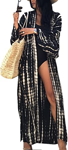 LikeJump Lång blommig kimono morgonrock för kvinnor strand bikini täckande maxiklänning plusstorlek sommarrock, H svart beige, one size