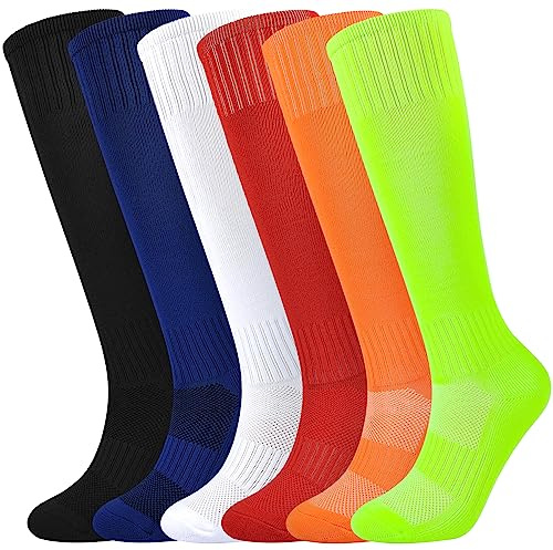 Kids Soccer Socks Boys Football Socks 6 Pairs Breathable Girls Knee High Sock 10-14 Years Baseball Softball Sports Teenager Youth(Mixed Colors, L)