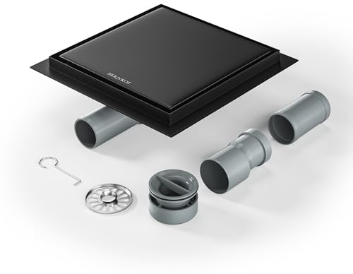 Bernkot Shower Drain Square 20 x 20 cm, 360° Siphon with Odour Stop and Hair Strainer 2-in-1 Tilable Stainless Steel Drain Channel Floor Drain Shower Drain Very Flat DN50 DN40, Black