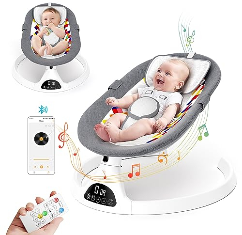 Kotsy Babywippe Elektrisch mit 5 Natürlichen Schaukelgeschwindigkeiten, Babyschaukel elektrisch mit Timing- & Blueteethfunktion,mit Fernbedienung & 5-Punkt-Gurt,0-9 kg,Musik,Spielzeug