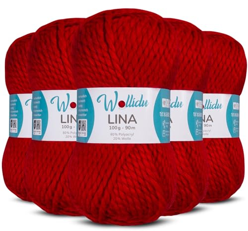 Wollidu Lina Wolle zum Stricken und Häkeln 500g 80% Polyacryl 20% Schafwolle Mulesing-frei Oeko-Tex 5x 100g/90m Häkelwolle/Strickwolle - Dunkelrot