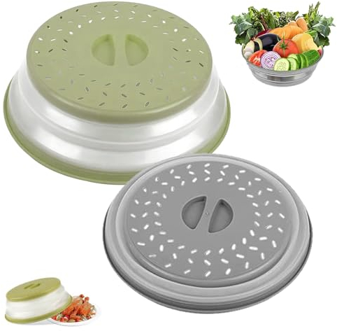 Comioke 2PCS Tapa de Microondas Plegable,Tapa de Salpicaduras,Cubierta de Alimentos de Microondas,Tapa para Microondas Plegable,Canasta de Filtro de Frutas Verduras con Orificio de Vapor