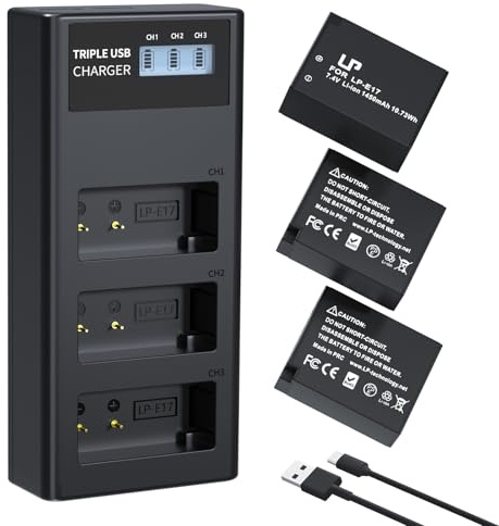 LP 3-Pack LP-E17 Battery and Charger Set, 1450mAh LP E17 Battery & Triple Slot Charger for Canon EOS R50 RP R10 R8, Rebel T8i, T7i, T6i, T6s, SL2, SL3, EOS M3, M5, M6, EOS 200D, 77D, 750D, 760D, 800D