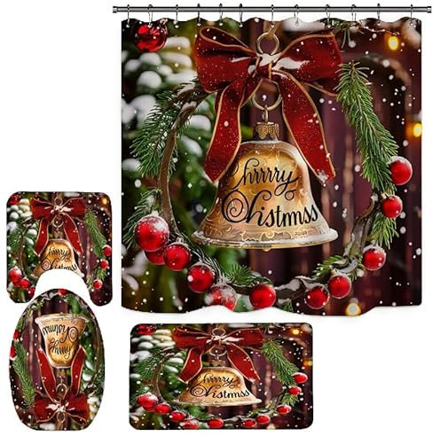 Duschvorhang Schwarz Gold Grün Badezimmermatte Verdickung Bad Teppiche Set, Duschvorhang Stoff+Bath Mat rutschfeste(50x80cm)+U-Typ Fußmatte Wasseraufnahme+Toilette Badmatte