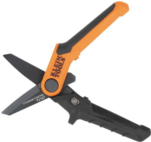Klein Tools T2107 Titanium Coated Utility Scissors, Compact, Stainless Steel Shears, Serrated Blades, Cuts Heavy-Duty Materials, 7-Inch