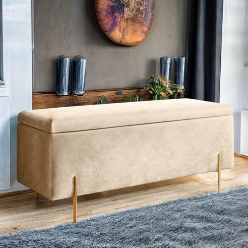 Harveys Living Ottoman Storage Box - Engineered Wood Luxurious Plain Plush Velvet Ottoman Storage Bench (Cream, Plain)