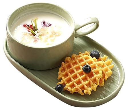 JKXLSLAX kreativa frukostskålsmuggar, set, 445 ml soppskålar/koppar med handtag i 25 cm keramiska plattor, kex skålar set för smörgåstallrik, bröddoppskålar (grön)