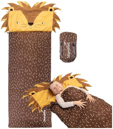 Skandika Sac de couchage pour enfants Soti | Sac de couchage de camping pour enfants jusqu'à 150 cm, design coloré Renard Licorne Dino Lion, avec coton, lavable en machine | Sacs de couchage pour