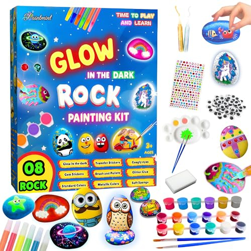 Glow in The Dark Rock Painting Kit for Kids – 8 Rocks for Painting, 18 Paints (Metallic & Standard), Glitter Glue, Gem & Transfer Stickers, Googly Eyes, Brushes & Palette – Arts & Crafts Gift Ages 3+