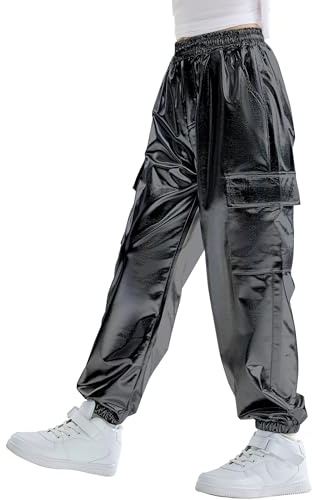 Rolanko Ragazze Pantaloni Cargo Metallizzati, Hip Hop da Ballo Streetwear con Vita Elastica per Bambini, Nero, Taglia: 11-12 Anni/160
