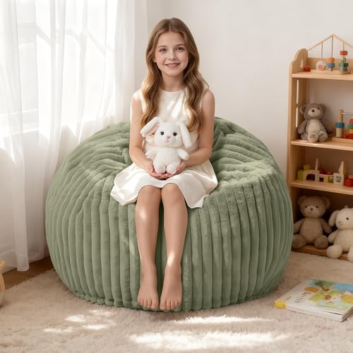HABUTWAY 2FT Bean Bag Chair, 2' Bean Bag Chairs with Memory Foam Filled, Small Comfy Beanbag Chair with Stripe Plush Cover for Living Room Bedroom Dorm，Green