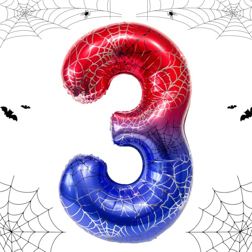 Globo gigante de araña de 40 pulgadas y decoración para 3er cumpleaños, globo número 3 con telaraña, globos de papel de aluminio para niños y niñas, decoración de fiesta de cumpleaños