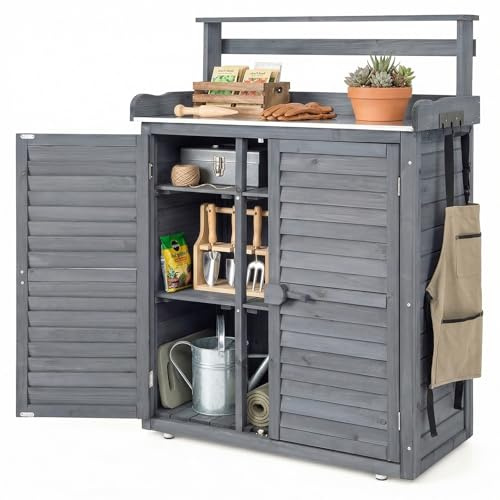 RELAX4LIFE Pflanztisch Outdoor, Gartentisch Holz mit Unterschrank, Verzinkter Arbeitsplatte, Abnehmbaren Regalen & Haken, Arbeitstisch wetterfest für Garten, Hof, Terrasse, 87 x 45 x 120 cm, Grau