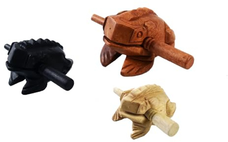Guiros Percussion Instruments Wooden Frog 3 Piece Set of 4 Inch, 3 Inch, 2.75 Inch, Wooden Frog Musical Instrument (Brown/Black/Natural Color) (ฺBubble wrap Package))