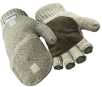 RefrigiWear Thinsulate Insulated Ragg Wool Convertible Mitten Fingerless Gloves with Suede Palm (Brown, Large)
