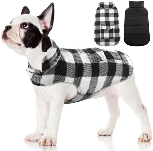 Kuoser Dog Winter Coat, Windproof Dog Fleece Jacket British Style Plaid Cold Weather Doggie Vest Coats, Reversible Cozy Warm Puppy Clothes Pet Apparel for Small Dogs XS